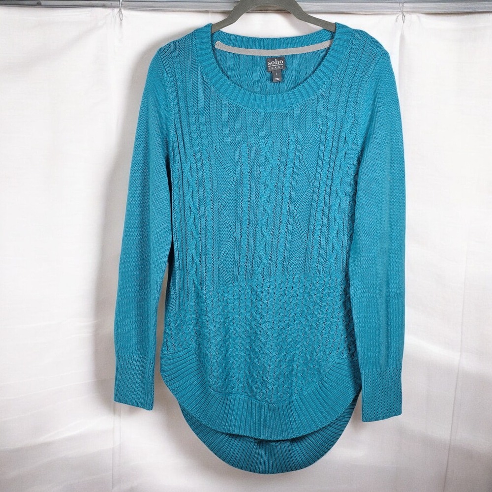 Soho Jeans New York Sweater Women Small Teal Blue Cable Knit Round Hem Long Slev